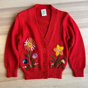Retro Red V-neck Knit Cardigan Floral Girls 6